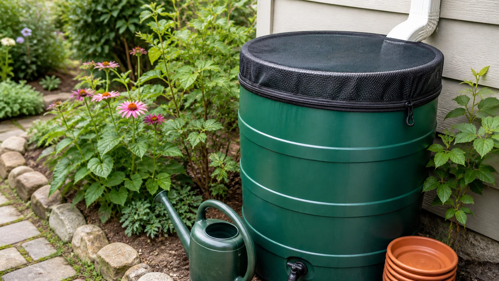 Abgedeckte Regentonne mit feinmaschigem Schutz im Garten