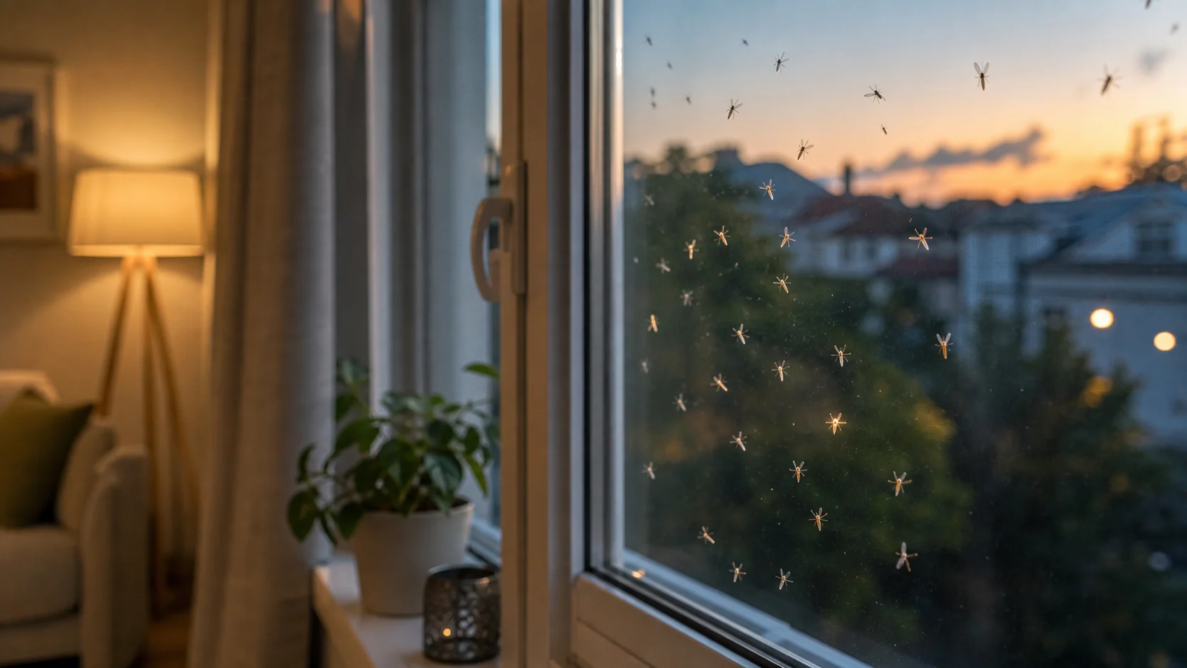Zuckmuecken an einem hellen Fenster in der Wohnung